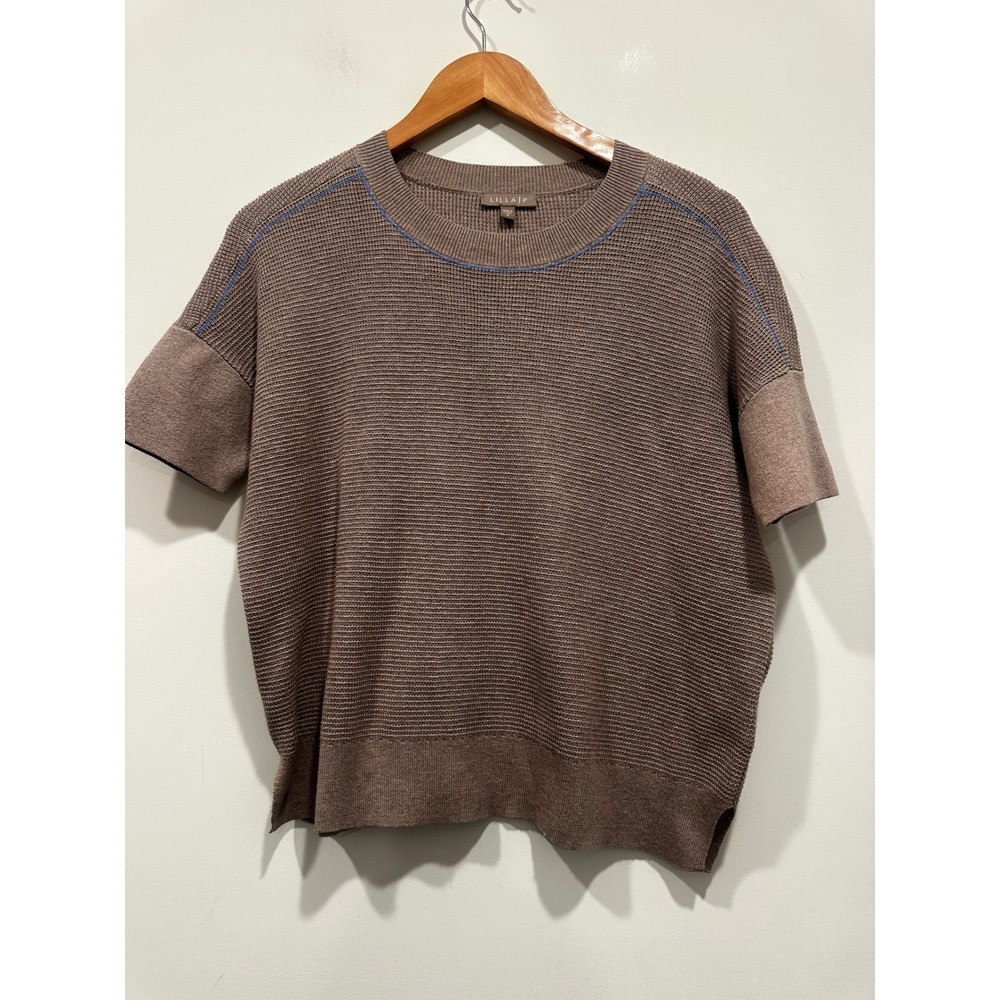Lilla P Womens Short Sleeve Sweater Taupe Brown Cotton Modal Knit Size S